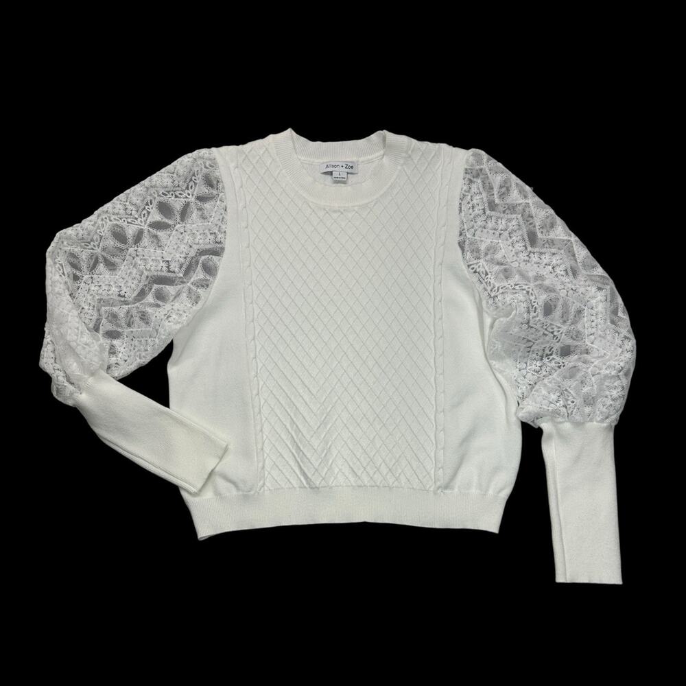 Allison + Zoe Sweater Top Womens Sz Large White Lace Puff Sleeves Romantic Boho